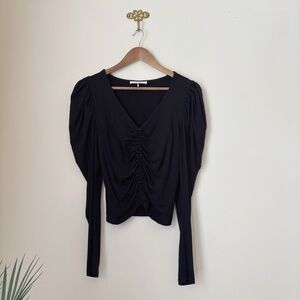 Frame Agnes Knit V Puff Sleeve Top Medium Black